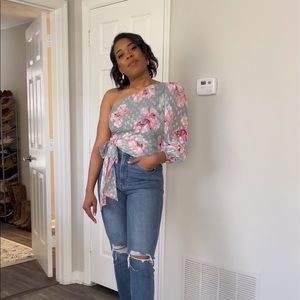 Floral Dot Print one shoulder tie waist top